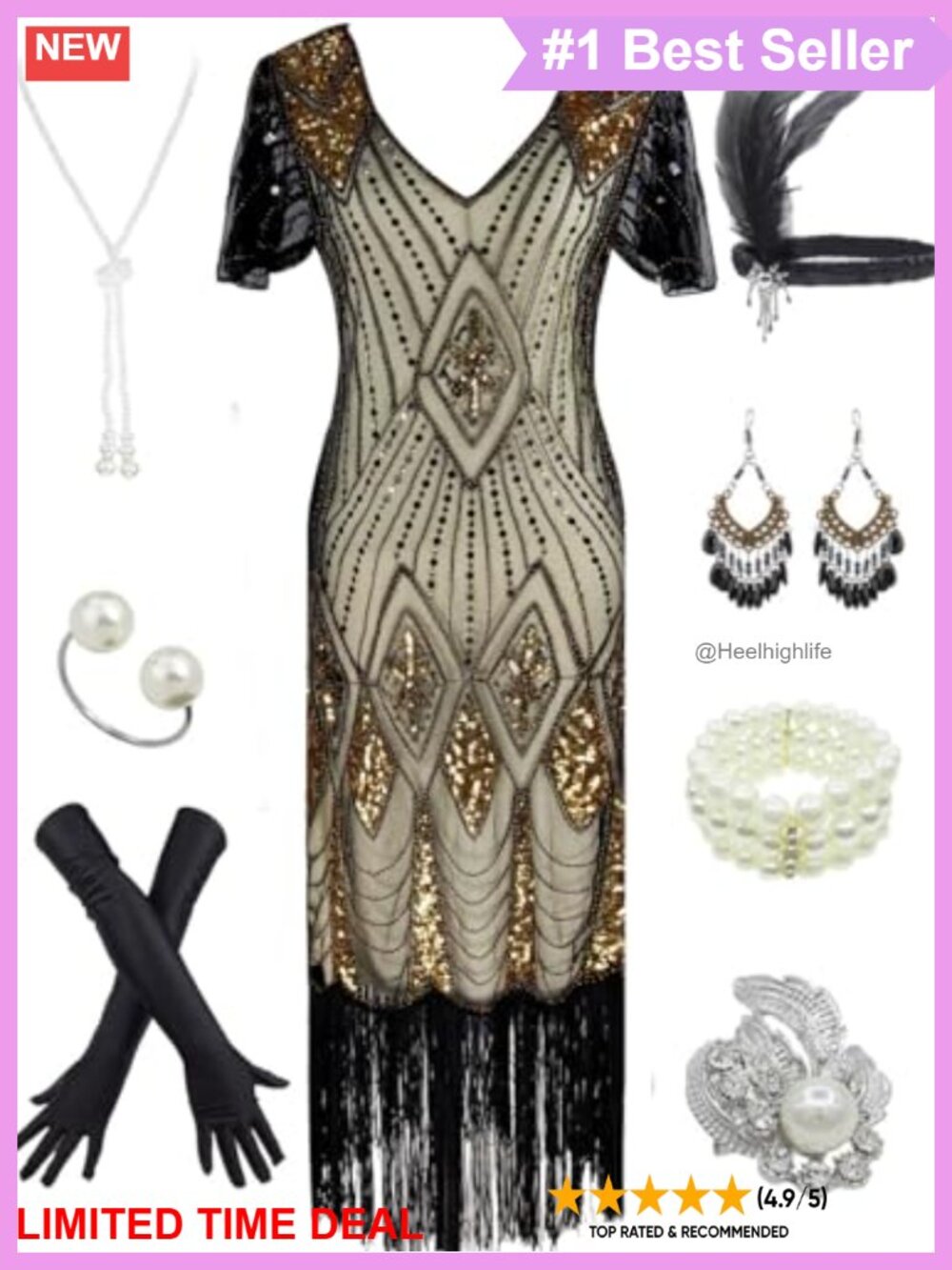 1920s Gatsby Sequin Bead Flapper Dress Fringe Costume Set
